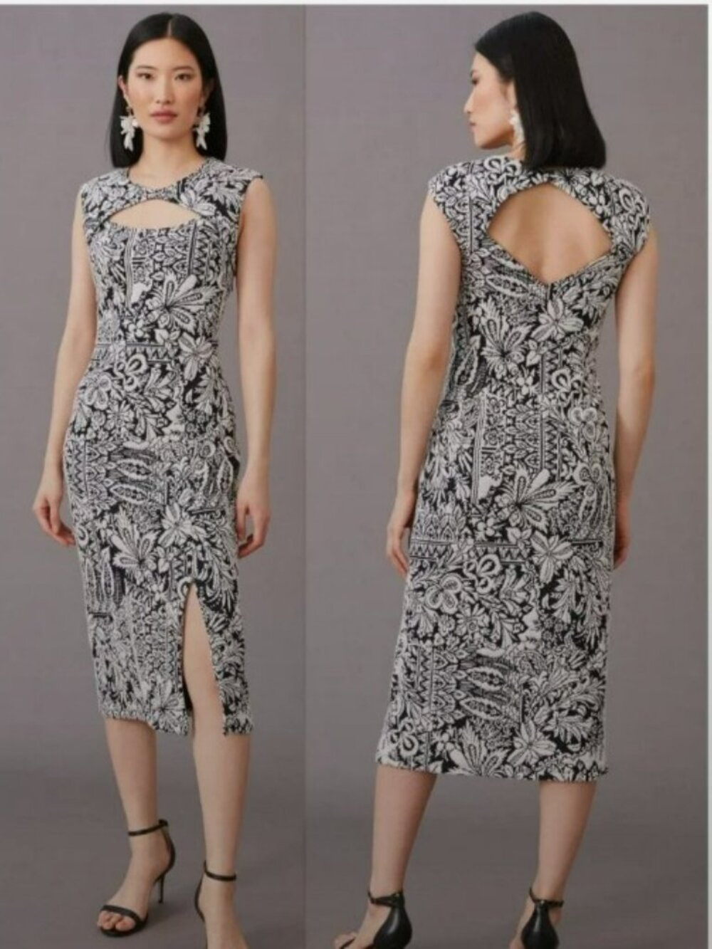 Anthropologie Jacquard Cutout Midi Dress GUC Black/Ivory Medium‎
